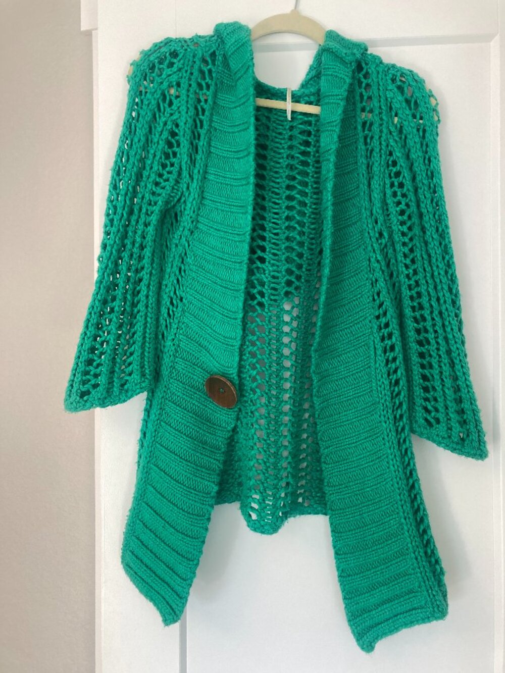 Free People Green Open Knit Hooded Duster Cardigan Size M